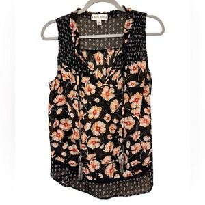 Knox Rose Womens Sleeveless Blouse Black Floral Medium Smocked Tassel V-Neck Top